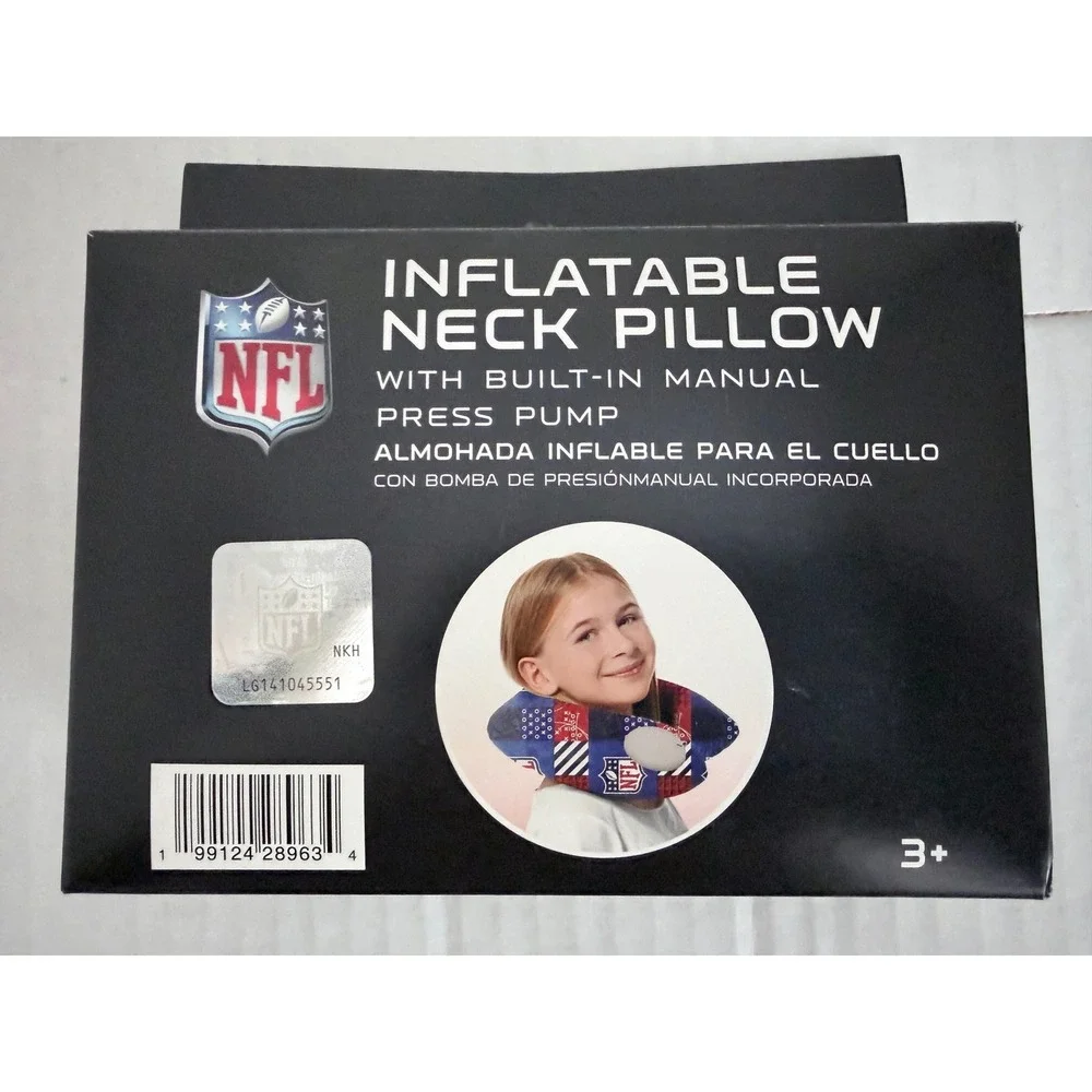 NFL Inflatable Neck Pillow with Built-in Manual Press Pump Travel Accessory NEW